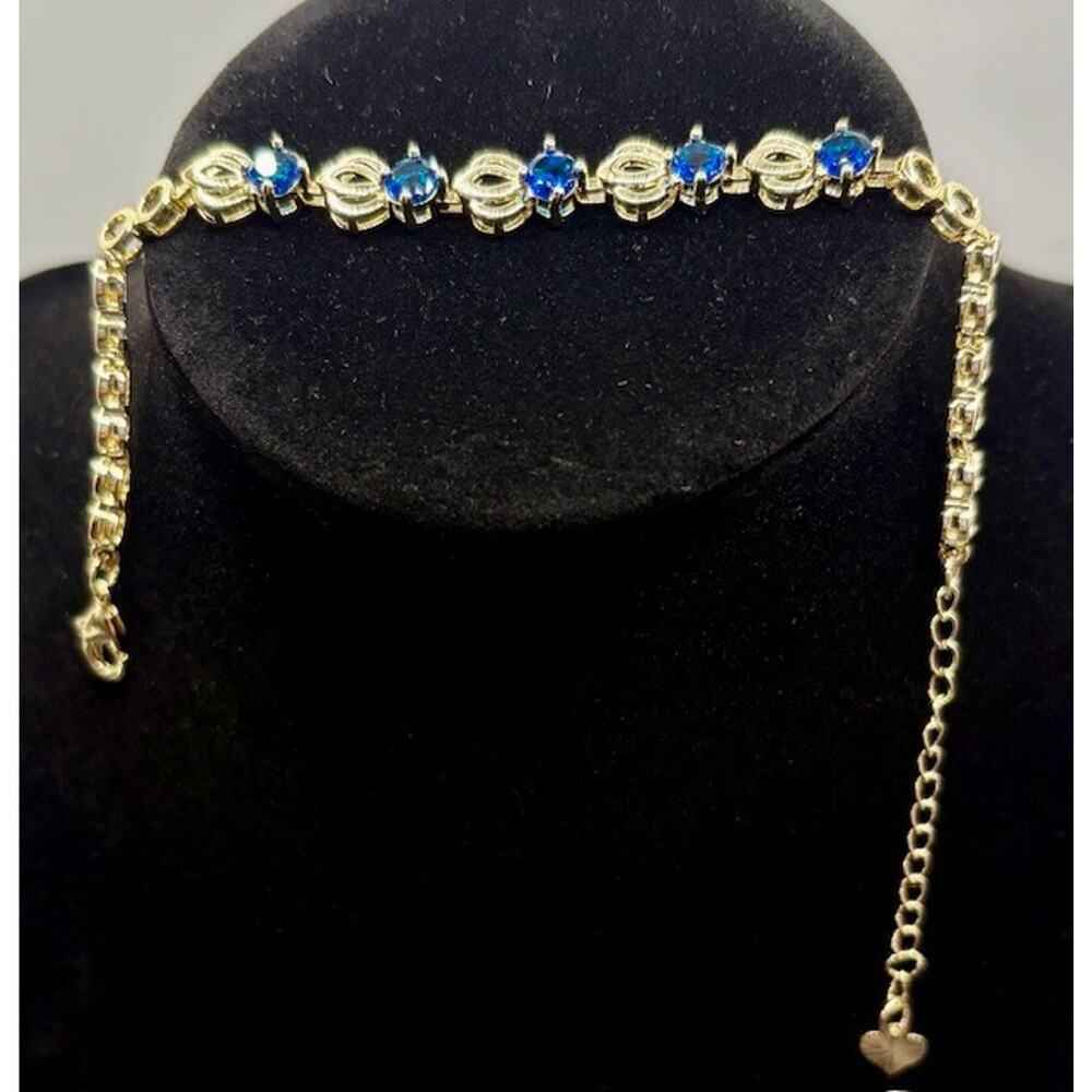 Bracelet Diamond Cut Simulated Blue Sapphire Stones Gold Tone